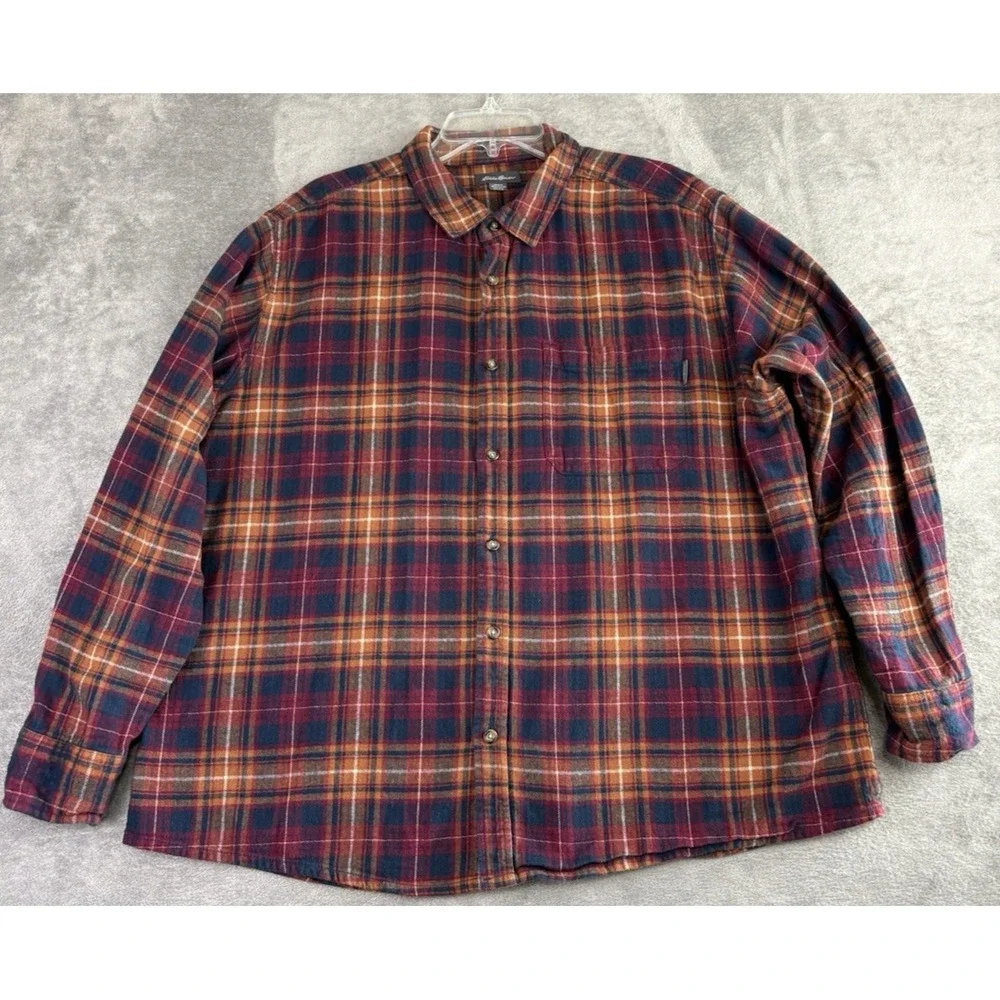 Eddie Bauer Flannel Shirt Mens‎ XXL Red Orange Plaid Classic Fit Cotton Outdoors